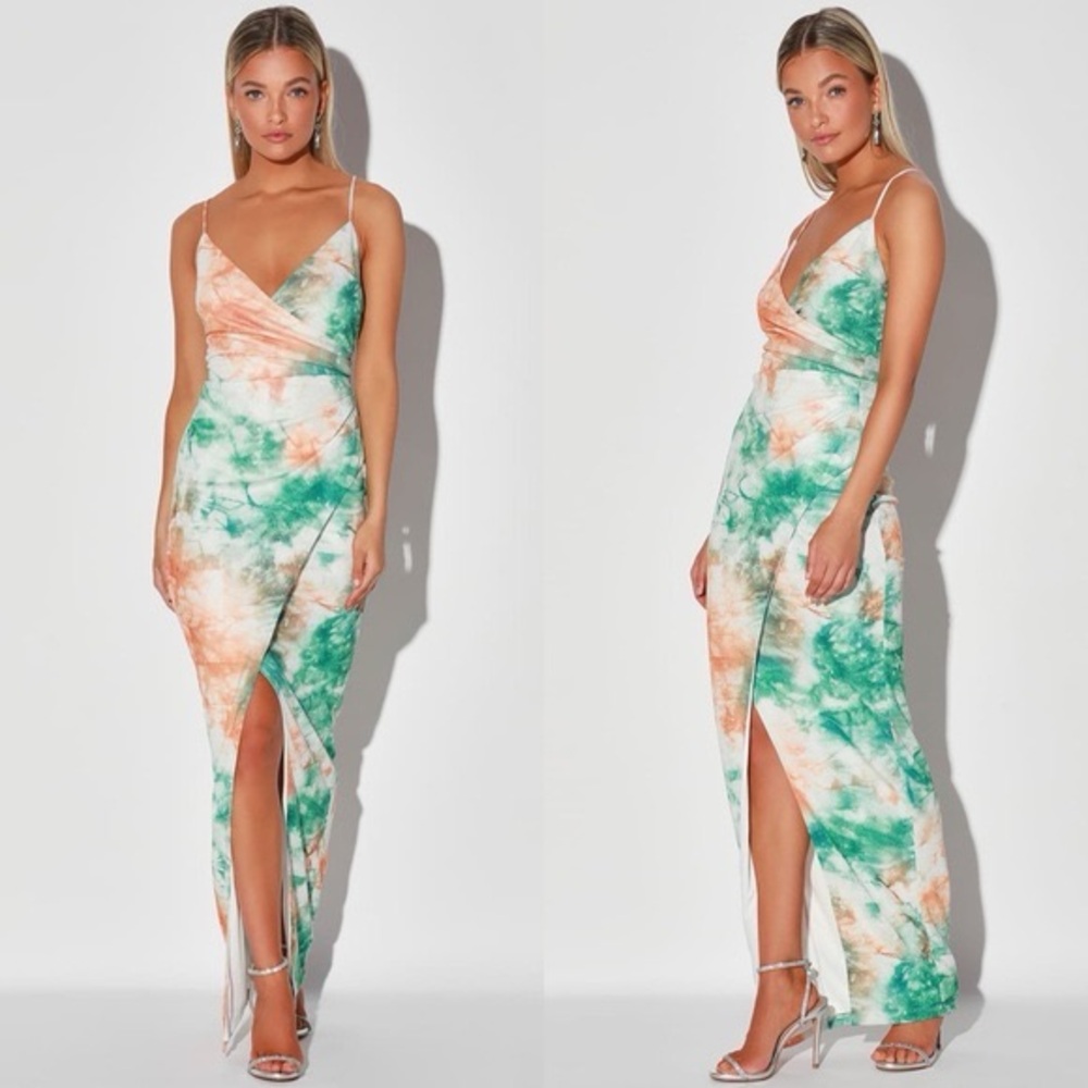 NWOT Lulus Lover's Paradise Metallic Teal Green Multi Tie-Dye Maxi Dress M
